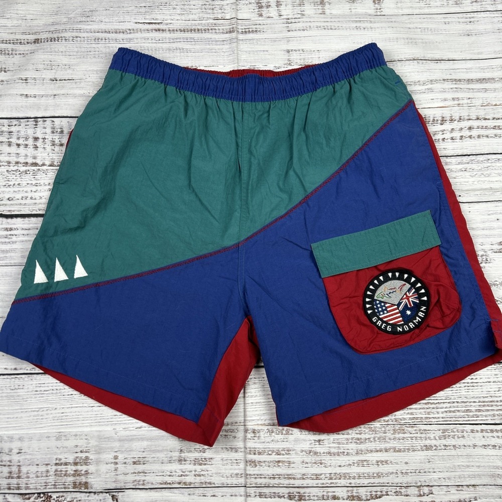 VTG Greg Norman Shorts Mens L Color Block Swim Trunks Bathing Suit Lined Shark